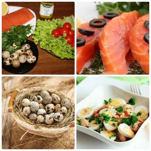 Простой рецепт салата с семгой и перепелиными яйцами
