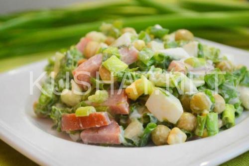 Салат с ветчиной, горошком и зеленым луком. Пошаговый рецепт с фото