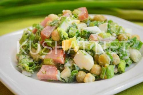 Салат с ветчиной, горошком и зеленым луком. Пошаговый рецепт с фото