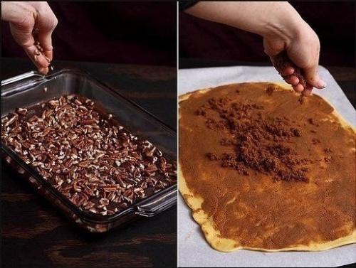 Липкие булочки с корицей и грецкими орехами.