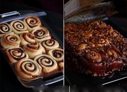 Липкие булочки с корицей и грецкими орехами.