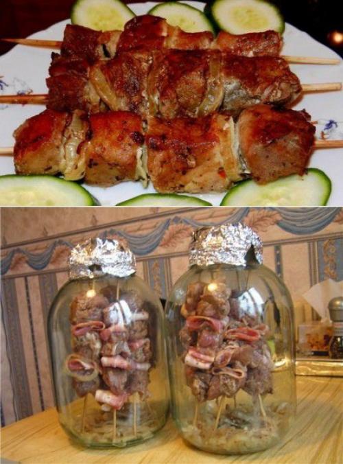 Шашлык в банке в духовке из свинины на шпажках. Шашлык в банке. Шашлык в банке. Шашлык в духовке в банке в стеклянной. Рецепт шашлыка в банке в духовке.
