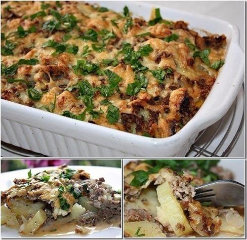 Картофельная запеканка с фаршем и грибами.

