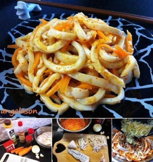 Кальмар по-корейски.  Это блюдо довольно простое и не требует каких то специальных корейских приправ, поэтому я с удовольствием делюсь им с вами.