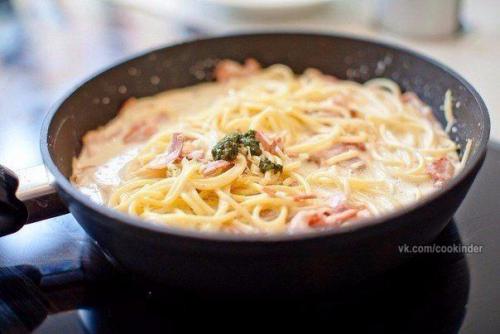 Карбонара.  Ингредиенты:  - Спагетти - 200 г.