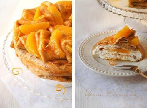 Блинный торт с апeльсином и взбитыми сливками.