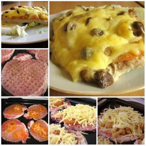 Мясо по-купечески с грибами.