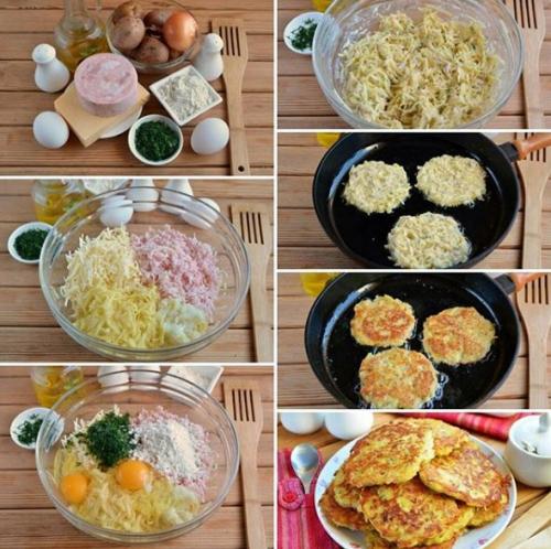 Драники с ветчиной, сыром и зеленью.
