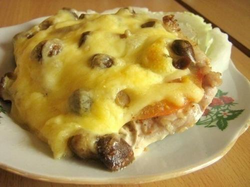 Мясо по-купечески с грибами.

