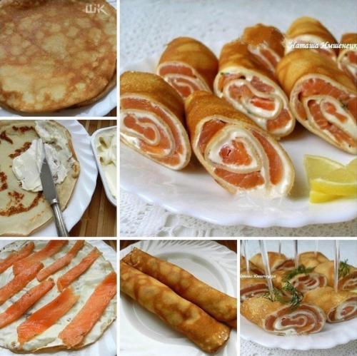 Рулетики из блинов с лососем. Рулетики из блинов с лососем.