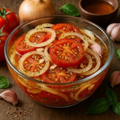 Очень вкусная закуска из помидоpов и лука.
