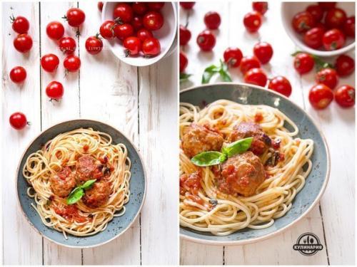Спагетти с фрикадельками в томатном соусе. 