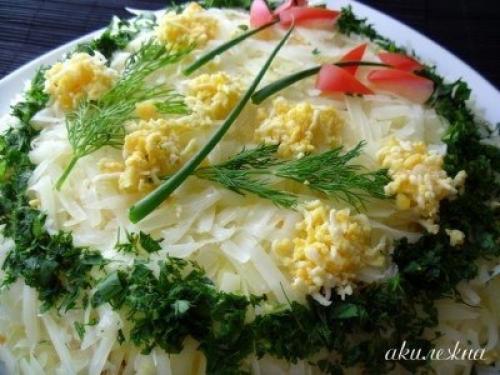 Слоенный салат Везувийс куриной печенью.