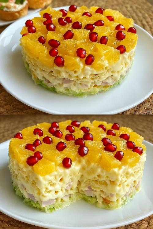 Праздничный салат с курицей и апельсинами.
