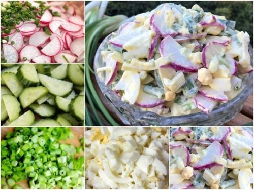 Весенний салат.  Вкусный, сочный салат с зеленью и редисом.