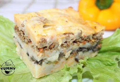 Картофельная запеканка с фаршем и грибами. Картофельная запеканка с фаршем и грибами.