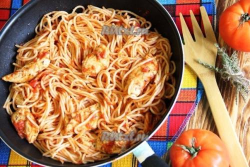 Куриная грудка с помидорами на сковороде.