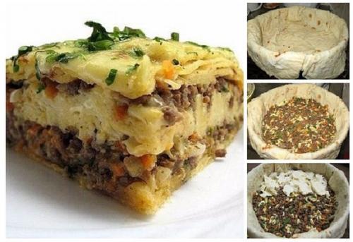 Мясной пирог из тонкого армянского лаваша.