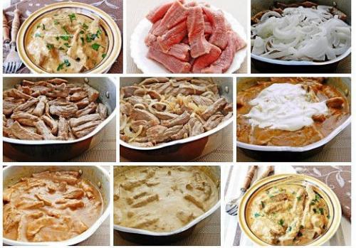 Мясо, тушеное со сметаной.