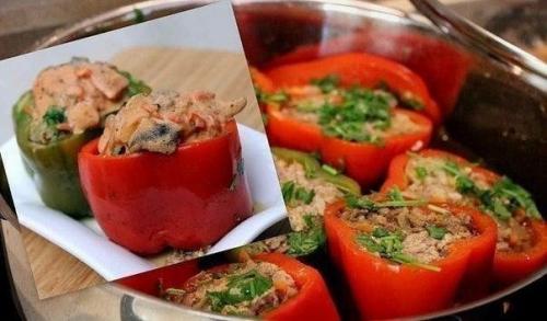 Фаршированные перцы под соусом из белых грибов.