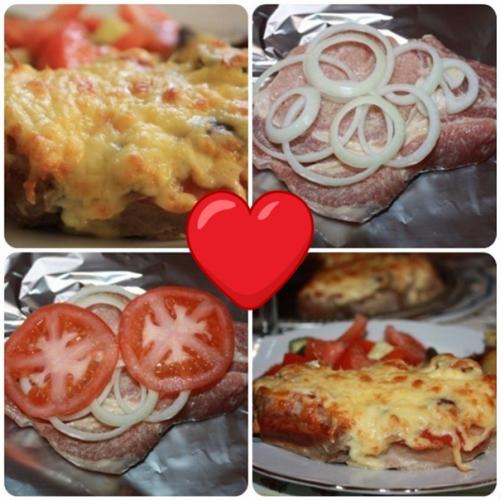 Мяcо в фoльгe c грибaми и помидoрами.