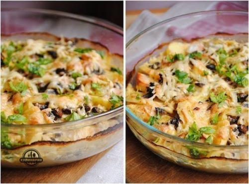 Картофельный гратен с курицей и грибами.