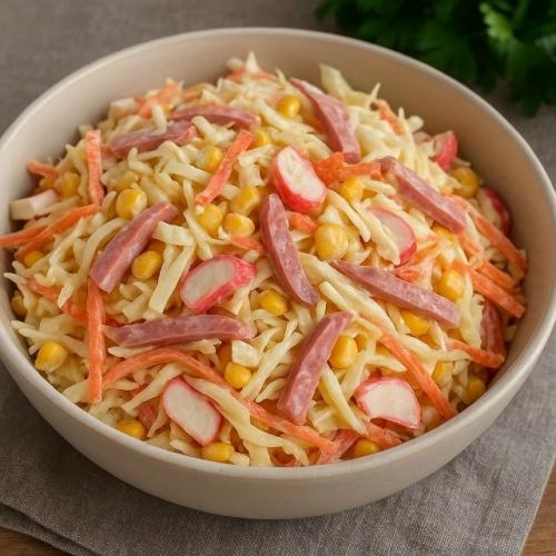 Вкусный салат с капустой, крабовыми палочками и колбаской.
