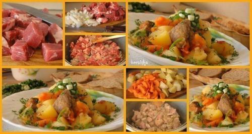 Жаркое?  Состав:  Мясо (свинина - шея или вырезка) - грамм 250-300.