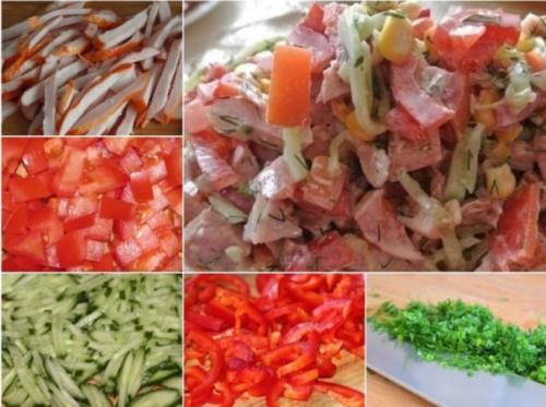 Салат с овощами и копченой курочкой.
