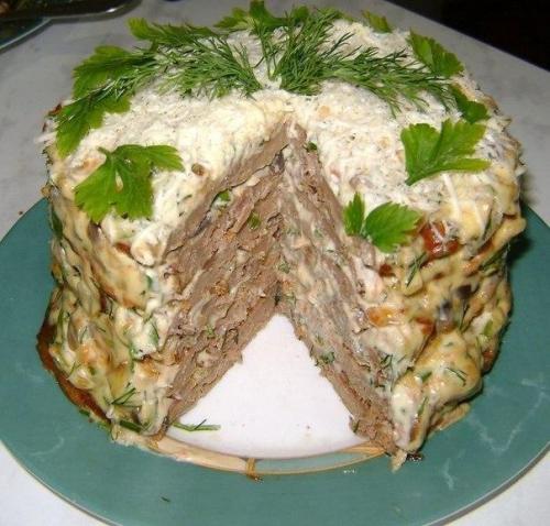 Печеночный торт с грибами. Печёночный торт с грибами.