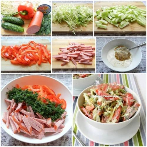 Салат с копченой колбасой и огурцами.