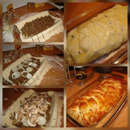 Быстрый мясной пирог с грибами.