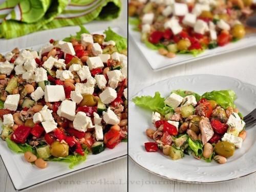 Салат с тунцом, оливками, фетой.