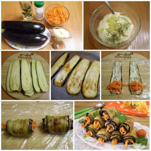 Рулеты из баклажанов с морковкой и чесноком.