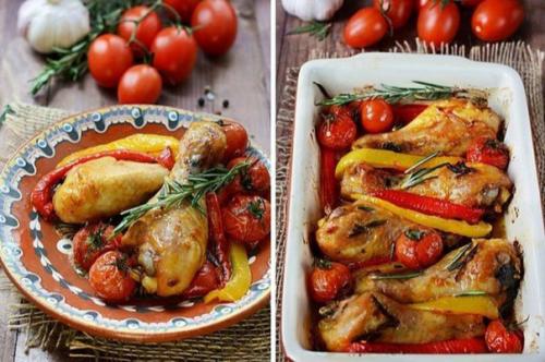 Куриные ножки с розмарином, сладким перцем и помидорами.