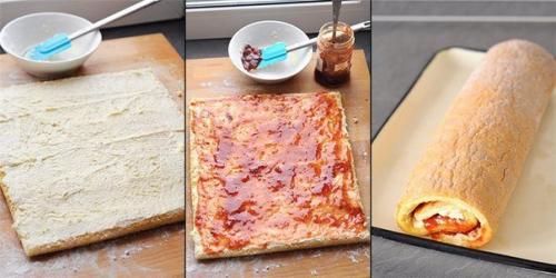 Бисквитный рулет с масляно - сливочным кремом и клубничным джемом. 03