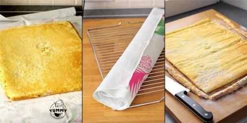 Бисквитный рулет с масляно - сливочным кремом и клубничным джемом. 02