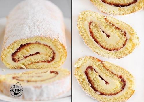 Бисквитный рулет с масляно - сливочным кремом и клубничным джемом.