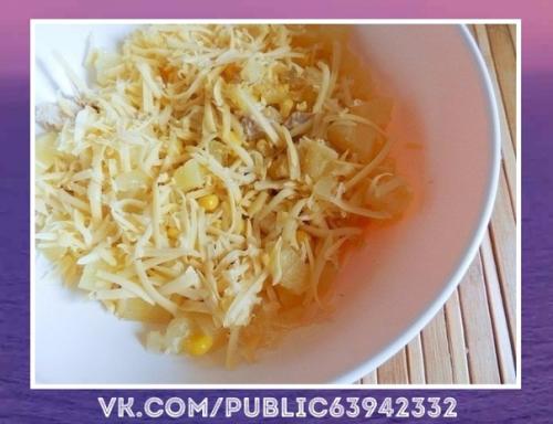 Изумительный рецепт.  Салат с курицей, сыром и ананасом. 02