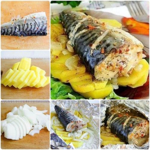 Скумбрия, запеченная в духовке с картошечкой.