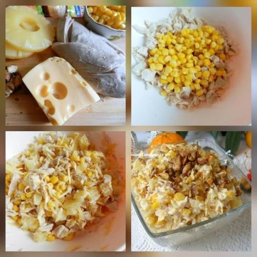 Салат с курицей, сыром и ананасом.