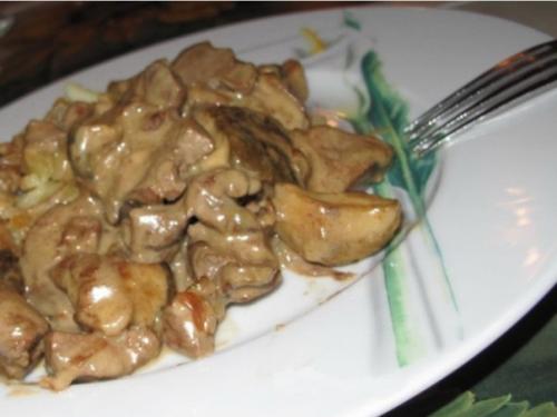 Куриная печень с грибами в сметане.