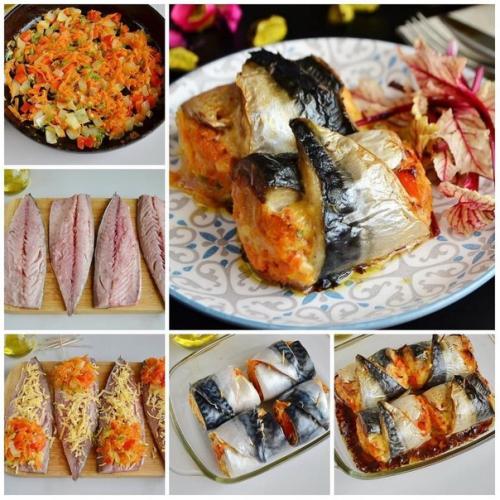 Рулеты из скумбрии с сыром и овощами.