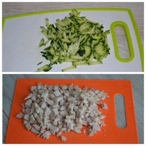 Вкусный салат с курицей, шампиньонами и свежим огурцом. 02