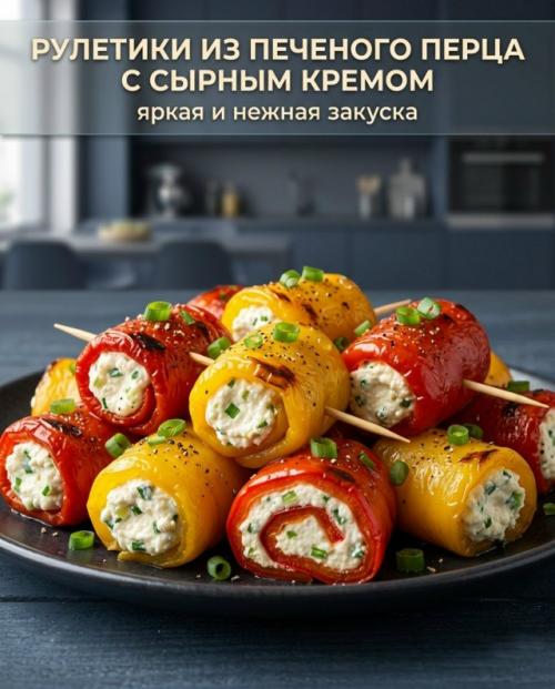 Рулетики из печеного перца с сырным кремом.
