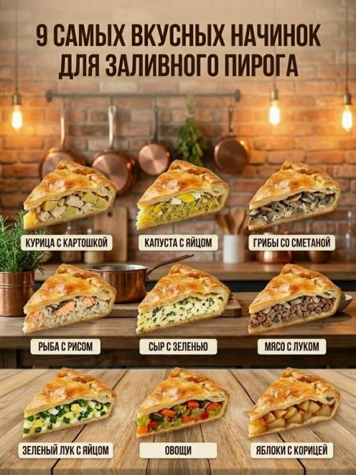 9 идей начинок для заливного пирога.
