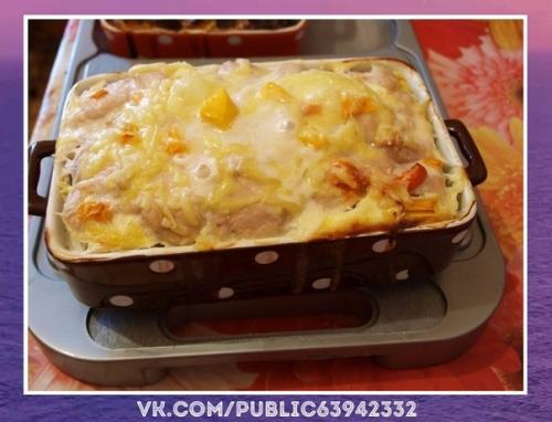 Очень ароматно.  Диетическая запеканка с курицей и тыквой.