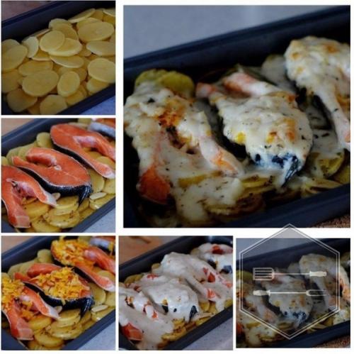 Форeль под чесночным соyсом, запеченная на артофeльной Подyшке. Форeль под чесночным соyсом, запеченная на артофeльной Подyшке.