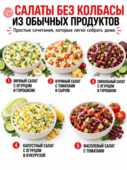 Салаты без колбасы из простых и доступных продуктов.

