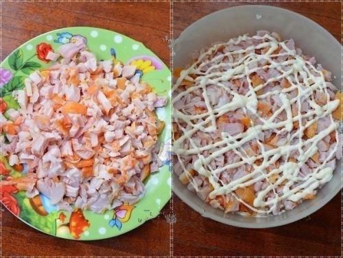 Салат с копченой курицей, кореийской морковью и огурцом. 01